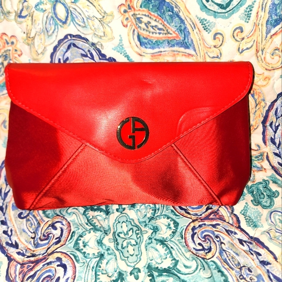 NWT Giorgio Armani Red Satin Travel Pouch Cosmetic Bag  Clutch And Samples - Picture 1 of 12